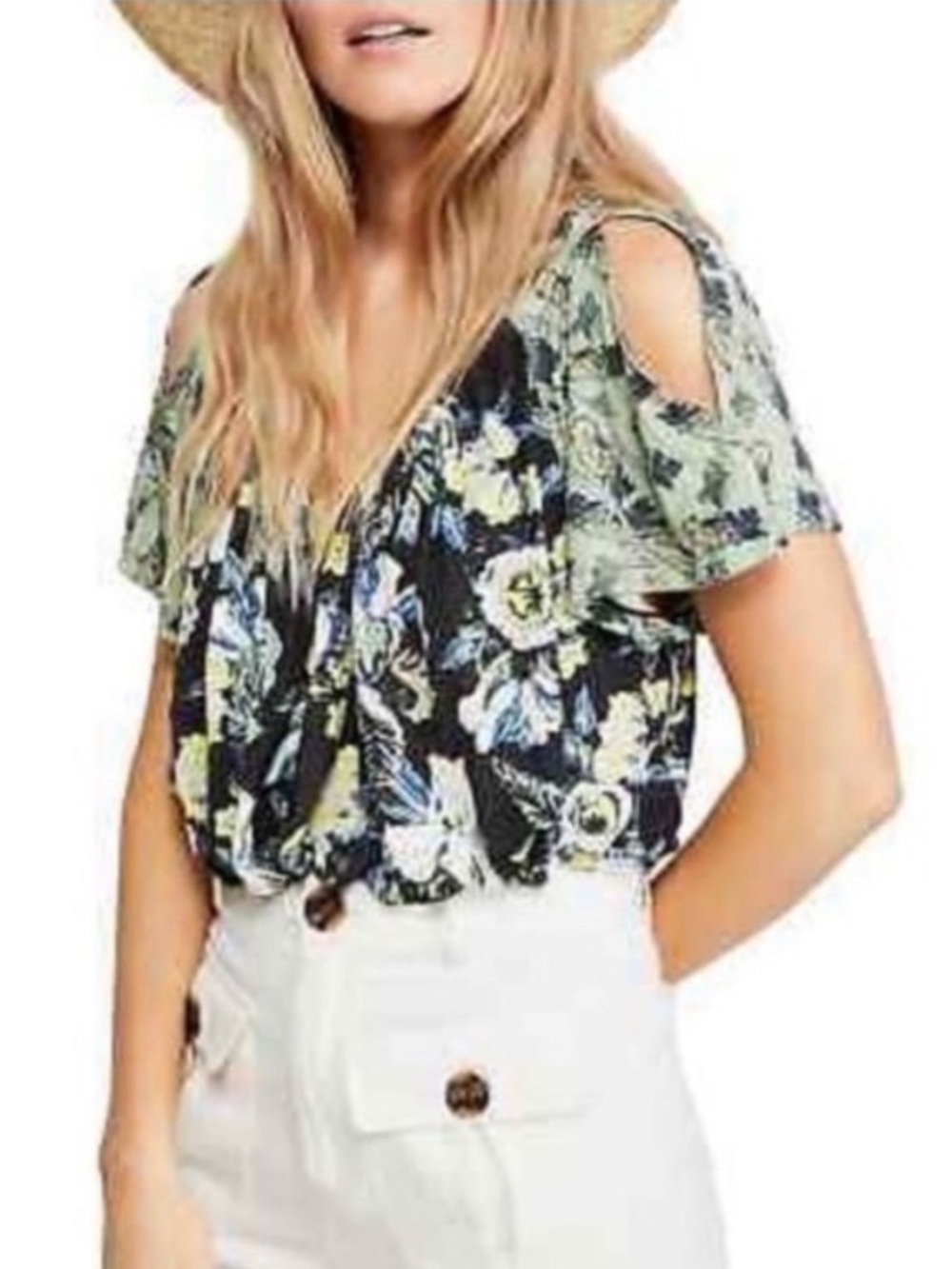 Free People Baja Babe Cold Shoulder Floral Stretch Rayon Blouse Top Whimsigoth
